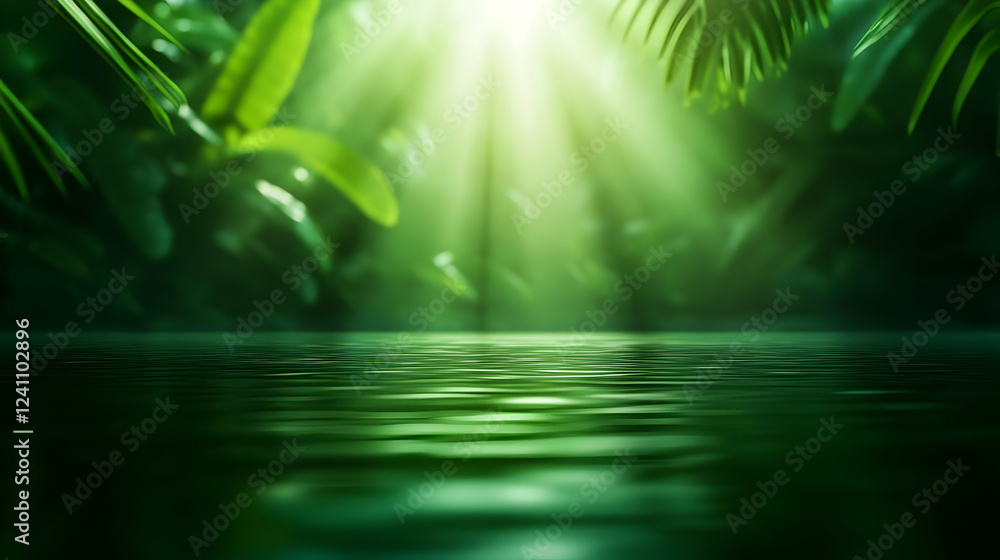 Poster a serene jungle scene with sunlight filtering through lush leaves, creating reflections on the calm 