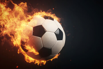 Naklejka premium fiery soccer ball, a burning soccer ball flying through the air against a black background, a burning soccer ball on a black background, a burning soccer ball, a burning soccer ball, 3d illustration