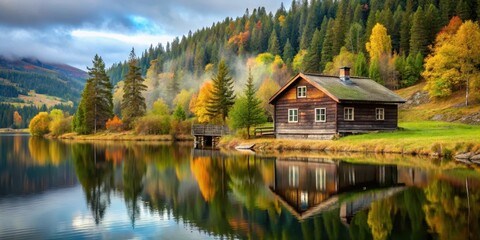 Fototapeta premium A serene Norwegian countryside scene featuring a rustic wooden house surrounded by dense evergreen trees and a tranquil lake in the background, norwegian autumn, wooden architecture