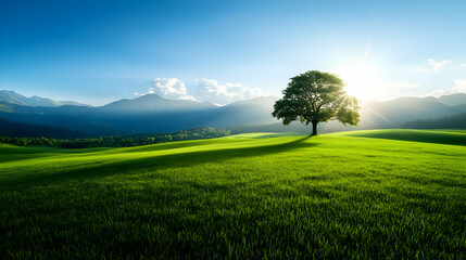 A serene landscape featuring a lone tree under a bright sky and mountains, symbolizing peace and nature's beauty.