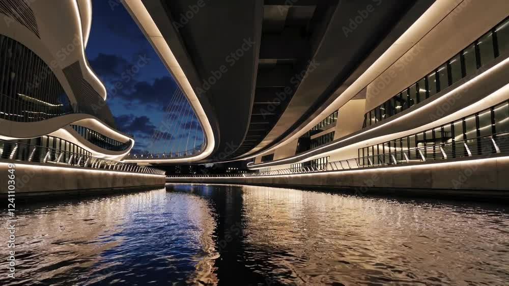 Poster modern architecture along a serene waterway at twilight showcasing sleek lines and reflections