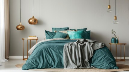 Sophisticated Modern Bedroom in Luxury Minimalist Style with Turquoise Teal Accents, Zinc Nightstands, Gold Pendant Lights, and Minimalist Bedding for a Serene Atmosphere