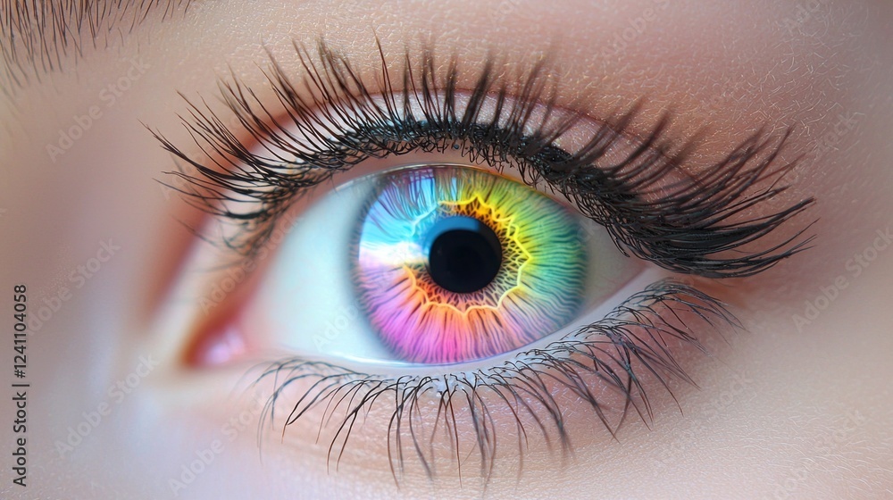 Poster A close-up view reveals a mesmerizing eye with a rainbow spectrum swirling in the iris. Long eyelashes frame the vivid colors, creating an enchanting effect that captivates attention