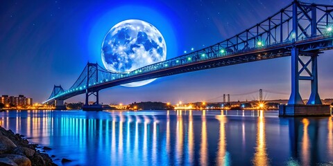 Fototapeta premium Hunter's Blue Moon over Old Bridge, New Jersey - Candid Night Photography