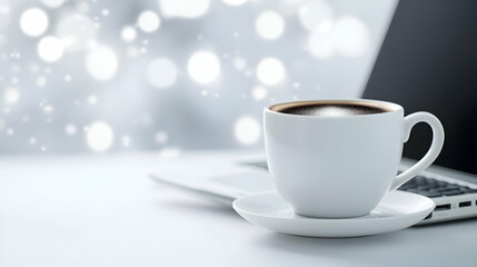 Fototapeta premium A serene scene featuring a white coffee cup on a table next to a laptop, blending productivity with comfort.