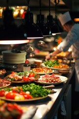 Obraz premium Restaurant Kitchen Buffet Displays Delicious Food