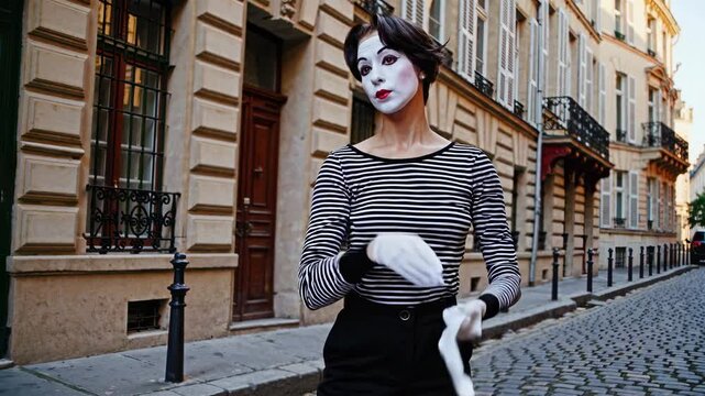 Street performer captivates audience with mime act in charming European alley during early evening
