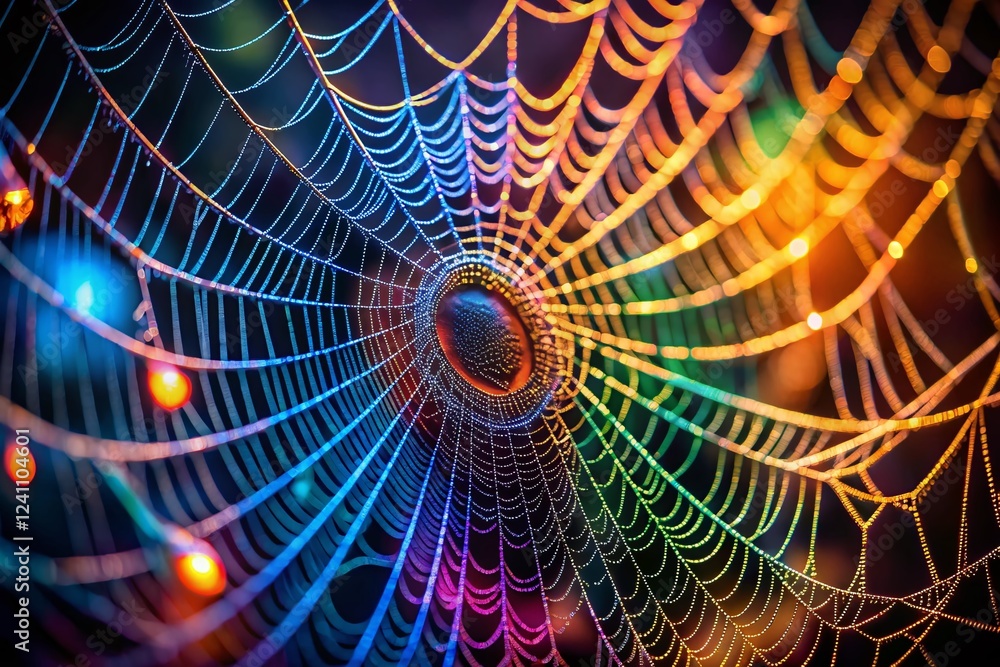 Poster intricate spiderweb neural network close-up - dark background stock photo