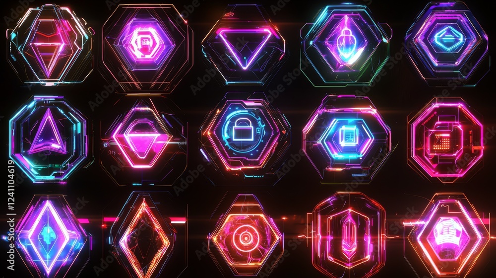 Poster futuristic neon hexagonal icons collection with glowing effects in modern design for innovative proj