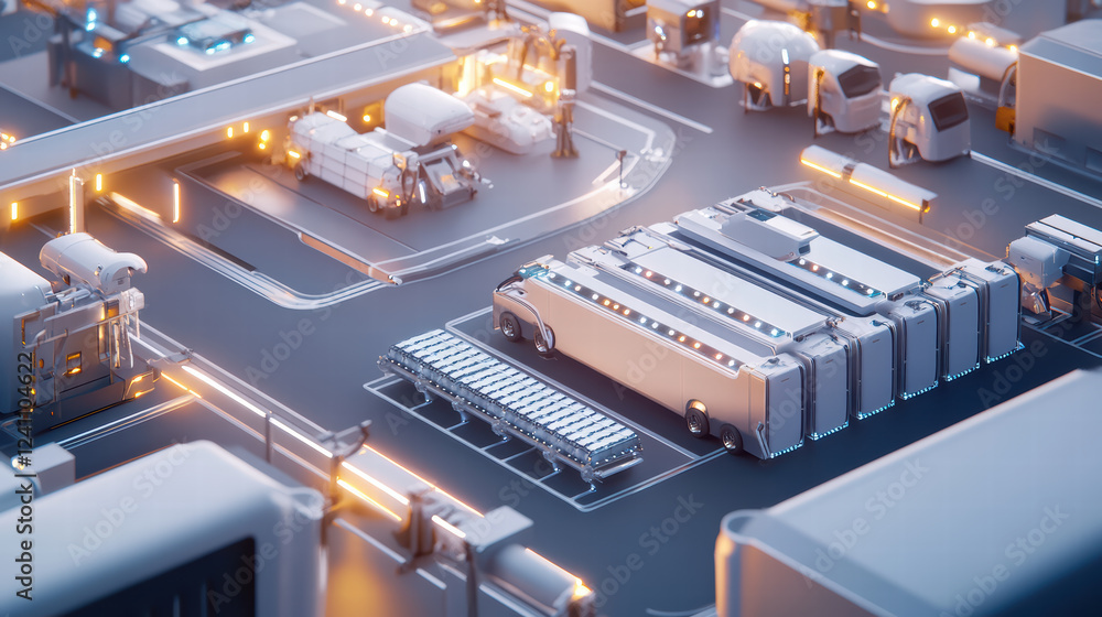 Poster aerial perspective of futuristic robot assembly line for electric vehicles, showcasing advanced tech