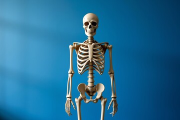 Anatomical Human Skeleton Model Against Vibrant Blue Background