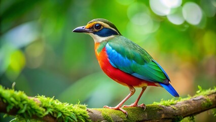 Obraz premium Indian Pitta Bird Perched on Branch, Vibrant Colors, Copy Space Left