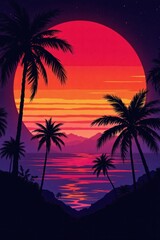 Fototapeta premium Vibrant Tropical Sunset Silhouette Palm Trees Ocean Landscape