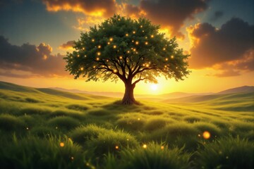 Obraz premium Magical Illuminated Tree in Serene Sunset Meadow Landscape