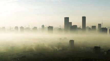 Urban pollution and pm 2.5 levels in cityscape foggy environment aerial view of skyline