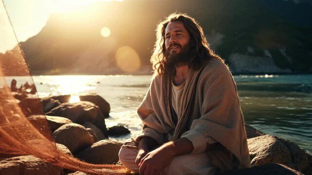 Jesus Christ on the shore of a lake, fishing with fishermen. Christian gospel video