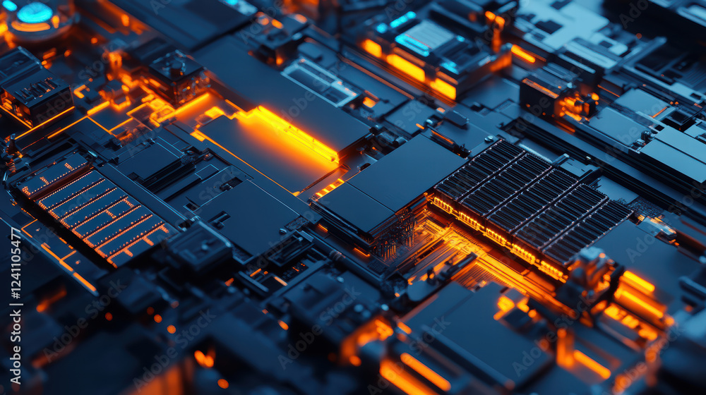 Poster aerial view of futuristic circuit board with glowing orange elements, showcasing intricate electroni