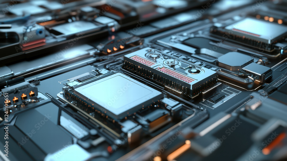 Poster high tech circuit board with intricate electronic components and connections, showcasing futuristic 