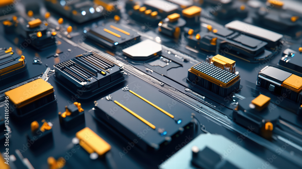 Aufkleber close up view of modern circuit board featuring intricate electronic components vibrant colors. desi