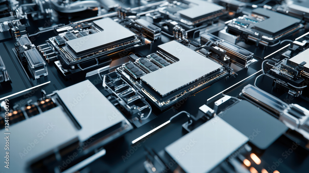 Poster aerial perspective of complex circuit board with microchips and connections, showcasing advanced tec