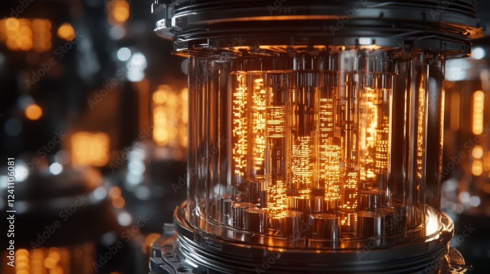 Poster futuristic energy core with glowing orange tubes and intricate metallic structures for sci-fi and te