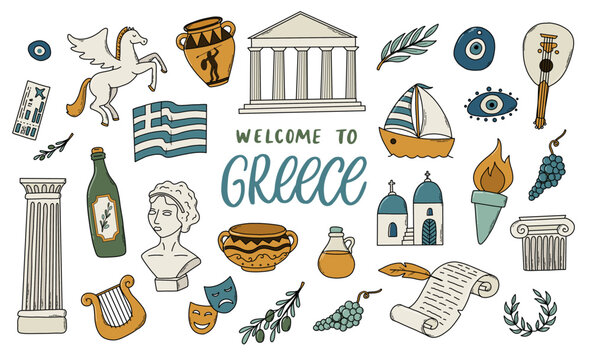 Greece doodles, cartoon elements collection, clip art for stickers, greeting cards, social media decor, prints, banners, signs, etc. EPS 10