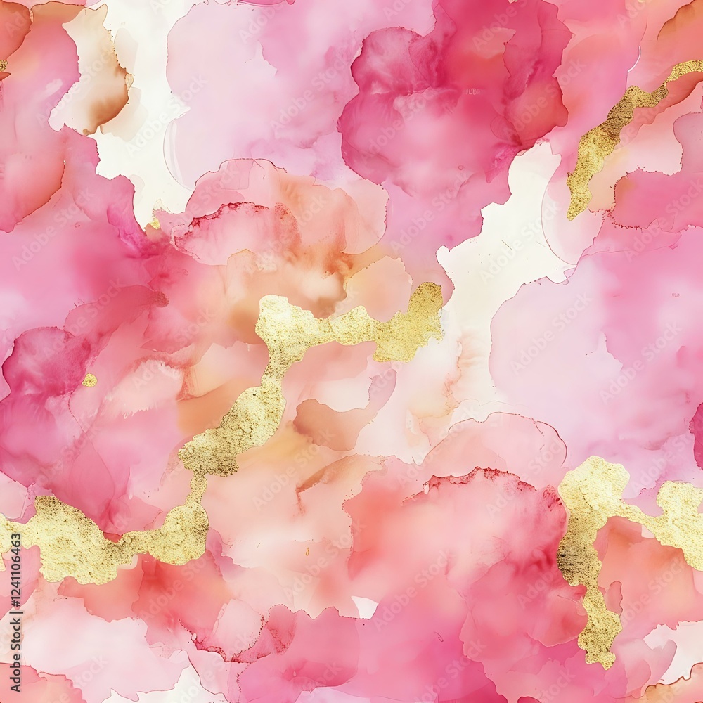 Poster seamless watercolor pattern in pink and peach tones with gold accents creates fluid organic shapes. 