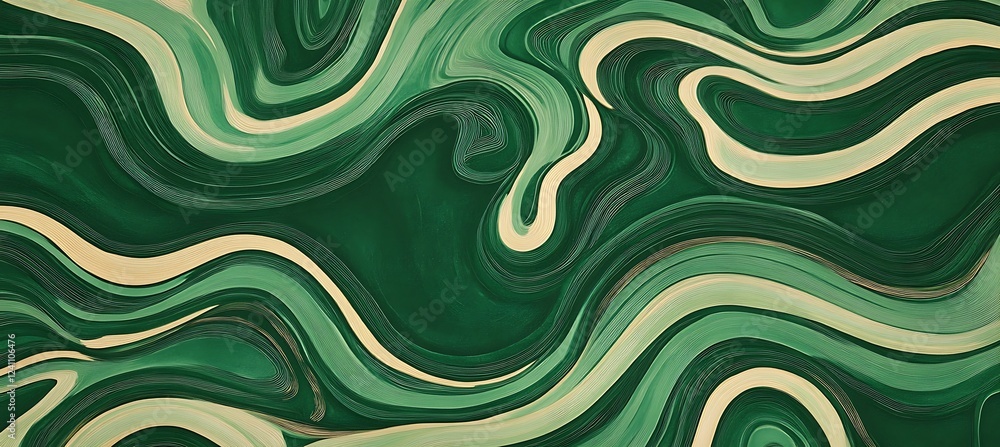 Poster a stylish green background featuring swirling lines that gradually change in thickness, forming a cl