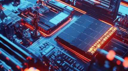 Obraz premium Aerial view of futuristic circuit board with glowing elements, showcasing intricate details and vibrant colors. design highlights technology and innovation in electronics