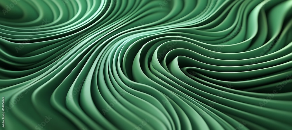 Poster a stylish green background featuring swirling lines that gradually change in thickness, forming a cl