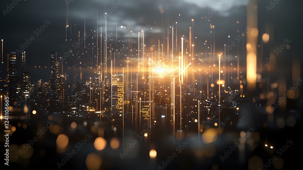Poster glowing vertical light rays illuminate modern city skyline at night with bokeh effect overlay, creat