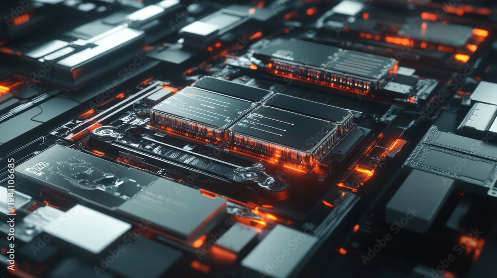 Poster aerial perspective of futuristic circuit board with glowing components, showcasing advanced technolo