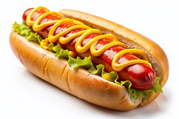Juicy Grilled Hot Dog with Ketchup and Mustard Dripping, Isolated on White Background - BBQ Street Food