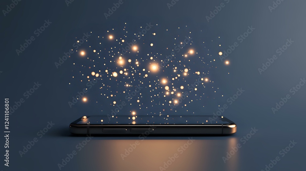 Poster glowing orange particles rising from smartphone screen on dark background, creating magical floating