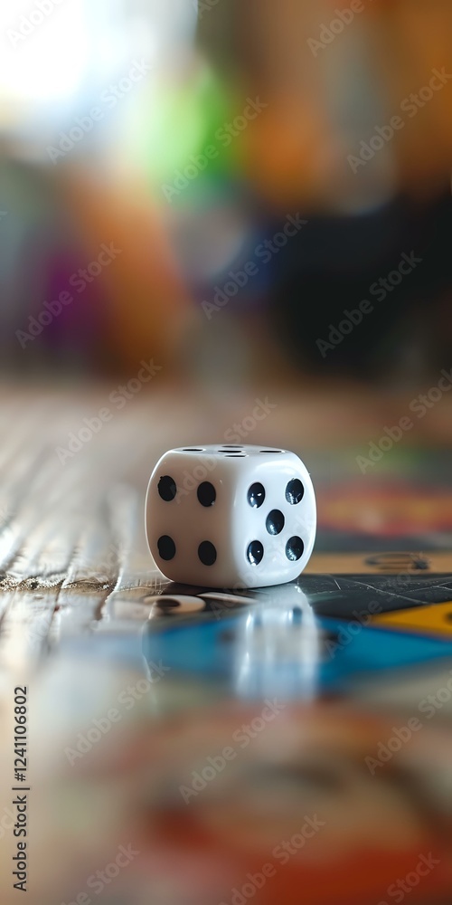 Poster white dice with black dots on colorful board game surface, shallow depth of field creates artistic b