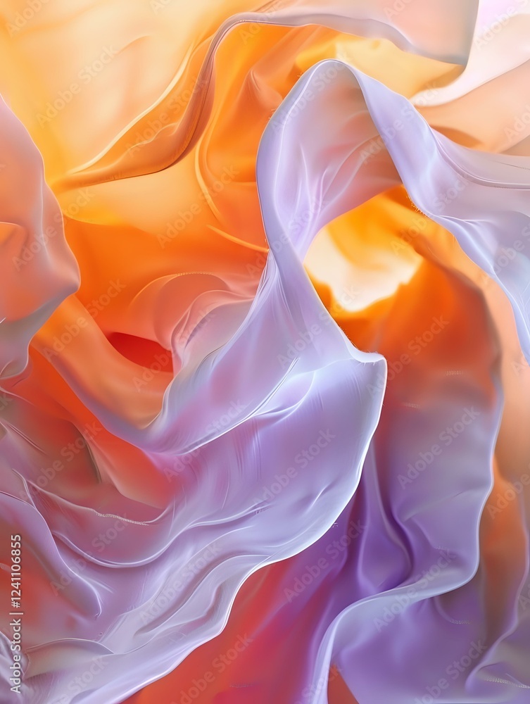 Poster flowing abstract waves in orange and purple create dynamic fluid motion with soft silk-like texture 