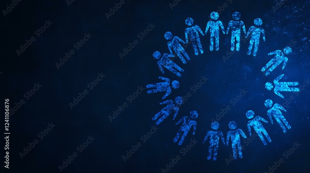 Poster digital figures forming circular pattern on dark blue background with glowing network effect, repres