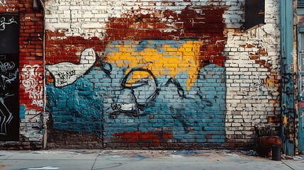Urban graffiti art on a weathered brick wall.