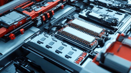 Aerial view of robotic assembly line featuring electric car batteries, showcasing intricate components and advanced technology in modern manufacturing environment