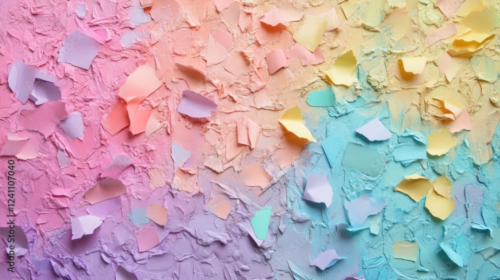 Poster a soft pastel background with a textured surface and torn paper details in a rainbow gradient