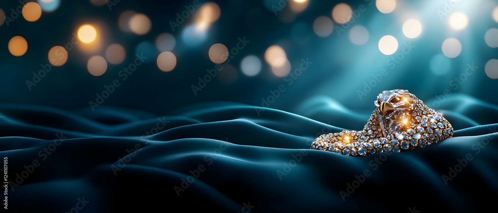 Poster a shimmering gem rests on deep blue waves, illuminated by soft, sparkling lights creating an enchant