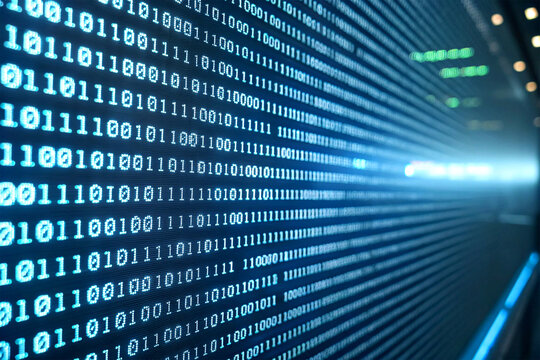 Binary code scrolling across a high-resolution digital screen