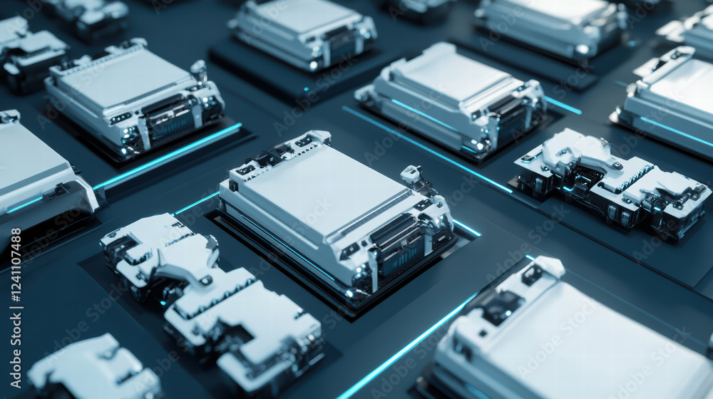 Poster aerial view of robotic assembly line with electric car batteries, showcasing advanced technology and