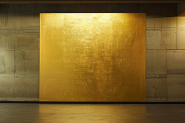 horizontal image of a squared shiny golden blank frame hanging on a concrete wall, mockup space