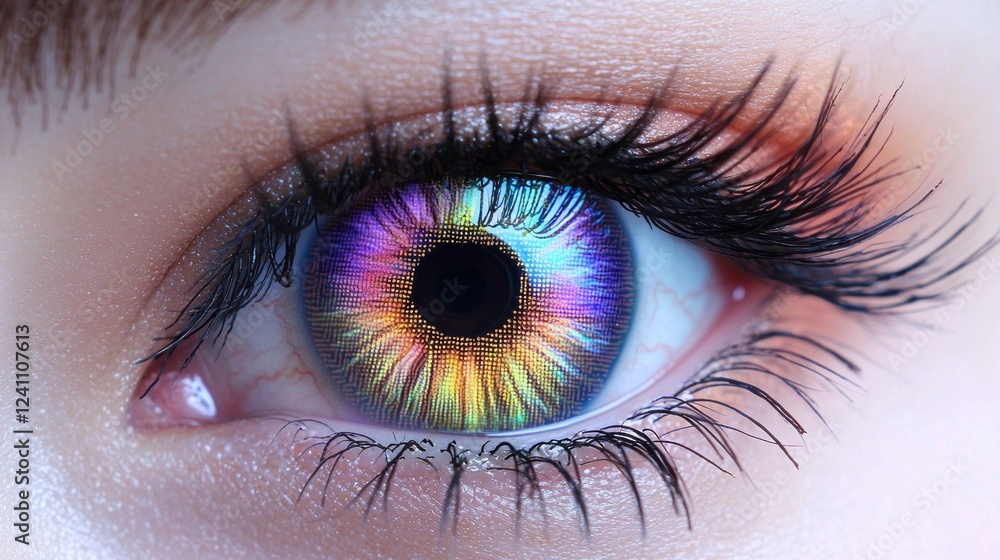Poster A stunning close-up reveals a captivating eye with a vivid rainbow pattern in the iris, surrounded by lush eyelashes. The play of light creates an enchanting display of colors and textures