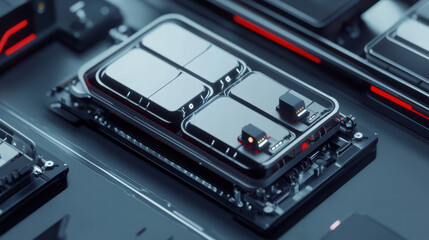 Fototapeta premium Aerial view of modern electric car battery assembly, showcasing intricate components and advanced technology. sleek design highlights innovation in electric vehicle production