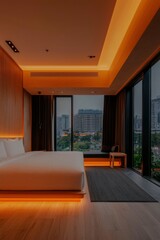 Fototapeta premium Modern Hotel Room With City View And Warm Lighting
