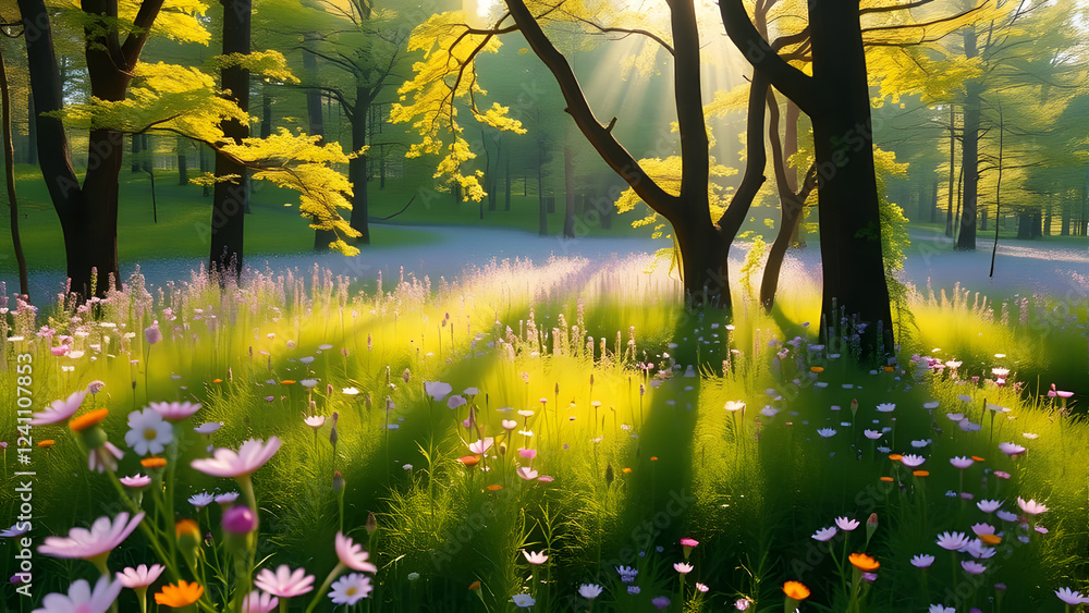 Poster sunlight streams through a forest, illuminating a path lined with wildflowers and tall grasses