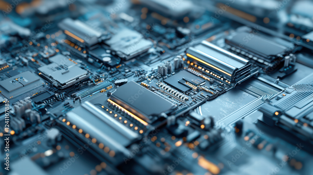 Poster detailed close up of circuit board showcasing intricate electronic components and connections, highl