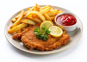 Juicy German Schnitzel with Crispy Fries, Lemon & Ketchup